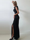 FOESCE Crop Tops Long Skirt Two Piece Set Women Elegant Sleeveless Top Suit With Front Split Skirt Lady Chic Sexy Evening Party Outfits