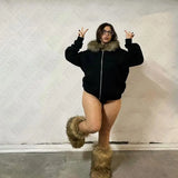FOESCE Dark Faux Fur Collar Harajuku Hiphop Y2K Zip up hoodie Oversized Punk Zipper Hoodie sweatshirt Retro Rock Goth Streetwear Jacket