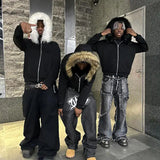 FOESCE Dark Faux Fur Collar Harajuku Hiphop Y2K Zip up hoodie Oversized Punk Zipper Hoodie sweatshirt Retro Rock Goth Streetwear Jacket