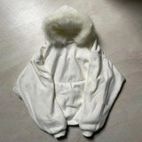 FOESCE Dark Faux Fur Collar Harajuku Hiphop Y2K Zip up hoodie Oversized Punk Zipper Hoodie sweatshirt Retro Rock Goth Streetwear Jacket