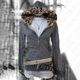 FOESCE Dark Faux Fur Collar Harajuku Hiphop Y2K Zip up hoodie Oversized Punk Zipper Hoodie sweatshirt Retro Rock Goth Streetwear Jacket