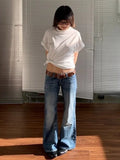 FOESCE Deeptown American Retro High Street Spicy Girls Low Waist Jeans Women Vintage Y2k Harajuku Baggy Solid Slim Denim Flared Pants