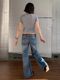 FOESCE Deeptown American Retro High Street Spicy Girls Low Waist Jeans Women Vintage Y2k Harajuku Baggy Solid Slim Denim Flared Pants