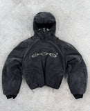FOESCE Divin Vintage Washed Jacket Y2K Zipper Hoodie Mens Rock Hip Hop Retro Embroidery Oversized Hoodie Sweatshirt Zipper Jacket Coats