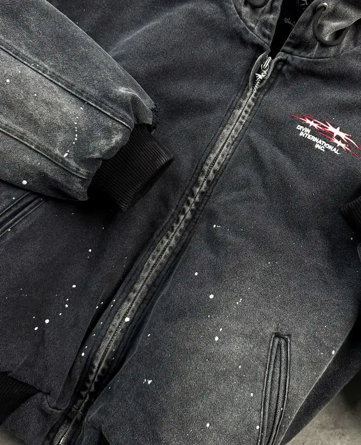 FOESCE Divin Vintage Washed Jacket Y2K Zipper Hoodie Mens Rock Hip Hop Retro Embroidery Oversized Hoodie Sweatshirt Zipper Jacket Coats