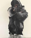 FOESCE Divin Vintage Washed Jacket Y2K Zipper Hoodie Mens Rock Hip Hop Retro Embroidery Oversized Hoodie Sweatshirt Zipper Jacket Coats