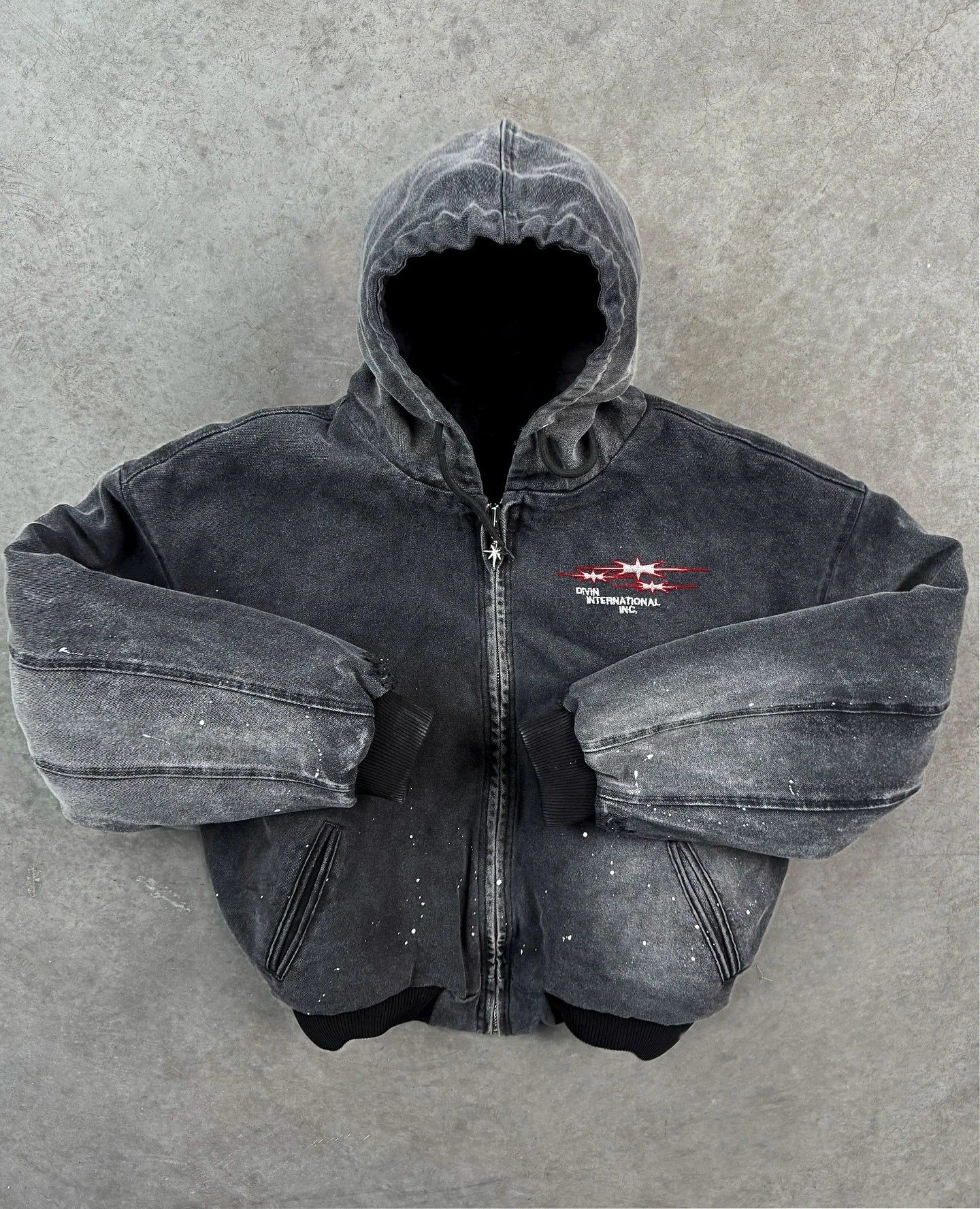 FOESCE Divin Vintage Washed Jacket Y2K Zipper Hoodie Mens Rock Hip Hop Retro Embroidery Oversized Hoodie Sweatshirt Zipper Jacket Coats