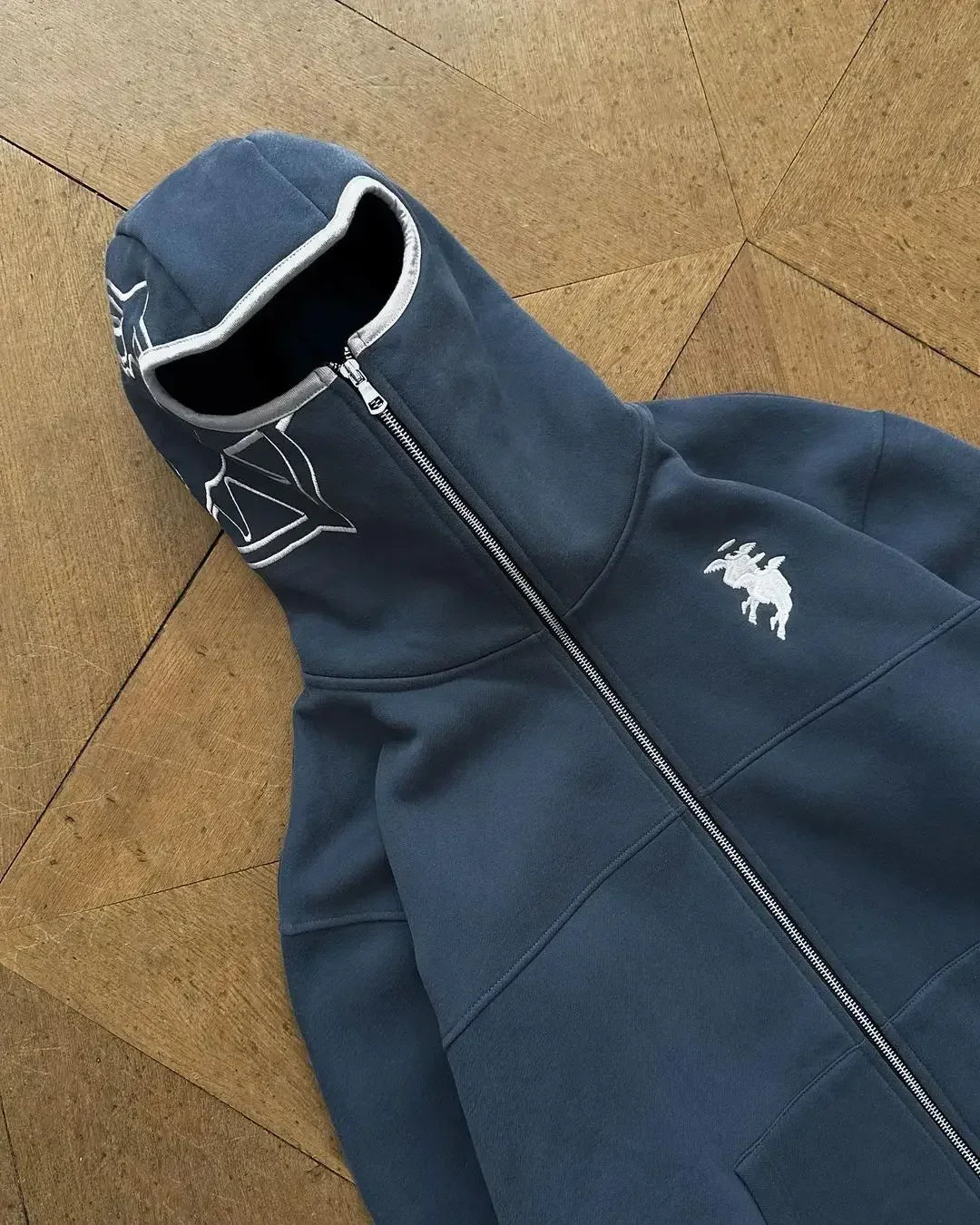 FOESCE Divin Vintage Washed Jacket Y2K Zipper Hoodie Mens Rock Hip Hop Retro Embroidery Oversized Hoodie Sweatshirt Zipper Jacket Coats