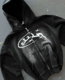 FOESCE Divin Vintage Washed Jacket Y2K Zipper Hoodie Mens Rock Hip Hop Retro Embroidery Oversized Hoodie Sweatshirt Zipper Jacket Coats