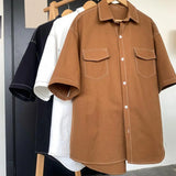 FOESCE Fall Spring Men Shirt Loose Fit Japanese Style Single-breasted Lapel Half Sleeve Buttons Breathable Mid Length Streetwear Top