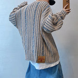 FOESCE Fall Stylish Mens Knit Pullover Tops Streetwear Vintage Y2K Striped Crochet Sweater For Men Fashionable Long Sleeve Knitted Tees