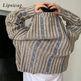 FOESCE Fall Stylish Mens Knit Pullover Tops Streetwear Vintage Y2K Striped Crochet Sweater For Men Fashionable Long Sleeve Knitted Tees