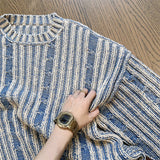 FOESCE Fall Stylish Mens Knit Pullover Tops Streetwear Vintage Y2K Striped Crochet Sweater For Men Fashionable Long Sleeve Knitted Tees