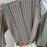FOESCE Fall Stylish Mens Knit Pullover Tops Streetwear Vintage Y2K Striped Crochet Sweater For Men Fashionable Long Sleeve Knitted Tees