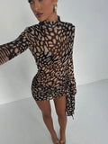 FOESCE Fantoye Turtleneck Sexy Sheer Print Leopard Bandage Women Dress Long Sleeve Mini Dress Lady Spring Slim Elegant Party Club Dress