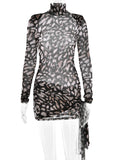 FOESCE Fantoye Turtleneck Sexy Sheer Print Leopard Bandage Women Dress Long Sleeve Mini Dress Lady Spring Slim Elegant Party Club Dress