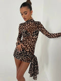 FOESCE Fantoye Turtleneck Sexy Sheer Print Leopard Bandage Women Dress Long Sleeve Mini Dress Lady Spring Slim Elegant Party Club Dress