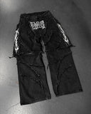 FOESCE Fashion America Retro Street Zip Up Patchwork Baggy Jeans Men Y2k Stripe Embroidery Splicing Black Denim Pants Hip Hop Jeans
