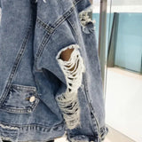 FOESCE Fashion Blue Ripped Denim Jacket Y2K Distressed Streetwear Hip Hop Broken Hole Jeans Biker Jackets Men's Spring Jackets