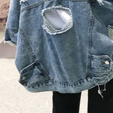 FOESCE Fashion Blue Ripped Denim Jacket Y2K Distressed Streetwear Hip Hop Broken Hole Jeans Biker Jackets Men's Spring Jackets