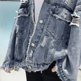 FOESCE Fashion Blue Ripped Denim Jacket Y2K Distressed Streetwear Hip Hop Broken Hole Jeans Biker Jackets Men's Spring Jackets