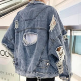 FOESCE Fashion Blue Ripped Denim Jacket Y2K Distressed Streetwear Hip Hop Broken Hole Jeans Biker Jackets Men's Spring Jackets