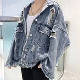 FOESCE Fashion Blue Ripped Denim Jacket Y2K Distressed Streetwear Hip Hop Broken Hole Jeans Biker Jackets Men's Spring Jackets