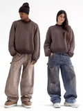FOESCE Fashion Solid Knitted Sweater for Male Neck Long Sleeve Oversized Pullover Jumpers Autumn Street Men Clothes Baggy Knitwear Tops