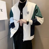 FOESCE Fashion Stand Collar Zipper Spliced Letter Embroidery Coats Men's Clothing 2025 Autumn New Loose Korean Tops Casual Jackets