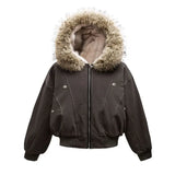 FOESCE Fashion Trend New American Cleanfit Fur Collar Hooded Cotton-padded Jacket Y2K Hip Hop Harajuku Vintage Overalls Men And Women