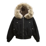 FOESCE Fashion Trend New American Cleanfit Fur Collar Hooded Cotton-padded Jacket Y2K Hip Hop Harajuku Vintage Overalls Men And Women