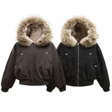 FOESCE Fashion Trend New American Cleanfit Fur Collar Hooded Cotton-padded Jacket Y2K Hip Hop Harajuku Vintage Overalls Men And Women