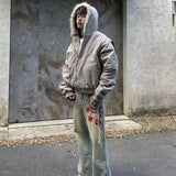 FOESCE Fashion Trend New American Cleanfit Fur Collar Hooded Cotton-padded Jacket Y2K Hip Hop Harajuku Vintage Overalls Men And Women