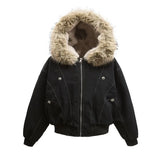 FOESCE Fashion Trend New American Cleanfit Fur Collar Hooded Cotton-padded Jacket Y2K Hip Hop Harajuku Vintage Overalls Men And Women