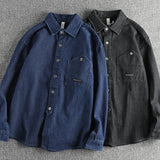 FOESCE Fashionable men's new vintage washed pinstripe denim long-sleeved shirt spring and autumn everything with American cargo casual