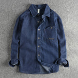 FOESCE Fashionable men's new vintage washed pinstripe denim long-sleeved shirt spring and autumn everything with American cargo casual