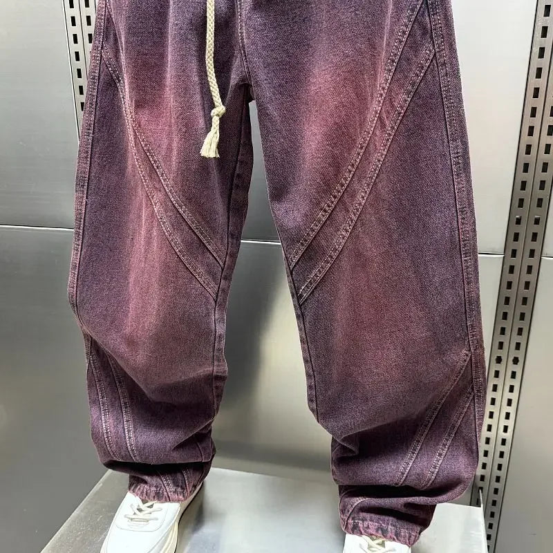 FOESCE Fuchsia Vintage Cargo Jeans Fashion Street Hip Hop Harajuku Trousers High Quality Luxury Brand Pant
