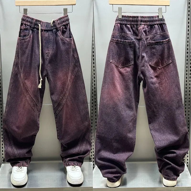 FOESCE Fuchsia Vintage Cargo Jeans Fashion Street Hip Hop Harajuku Trousers High Quality Luxury Brand Pant