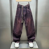FOESCE Fuchsia Vintage Cargo Jeans Fashion Street Hip Hop Harajuku Trousers High Quality Luxury Brand Pant