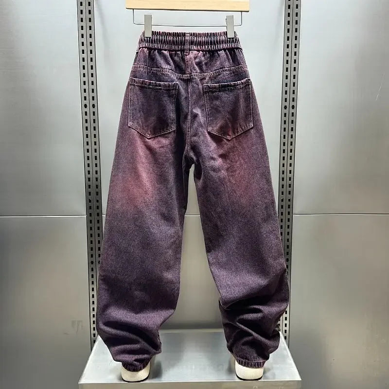 FOESCE Fuchsia Vintage Cargo Jeans Fashion Street Hip Hop Harajuku Trousers High Quality Luxury Brand Pant