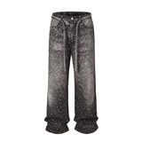 FOESCE Full Rhinestone Print Washed Blue Baggy Jeans Mens and Women Ropa Hombre Streetwear Solid Casual Denim Trousers Loose Cargos