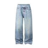 FOESCE Full Rhinestone Print Washed Blue Baggy Jeans Mens and Women Ropa Hombre Streetwear Solid Casual Denim Trousers Loose Cargos