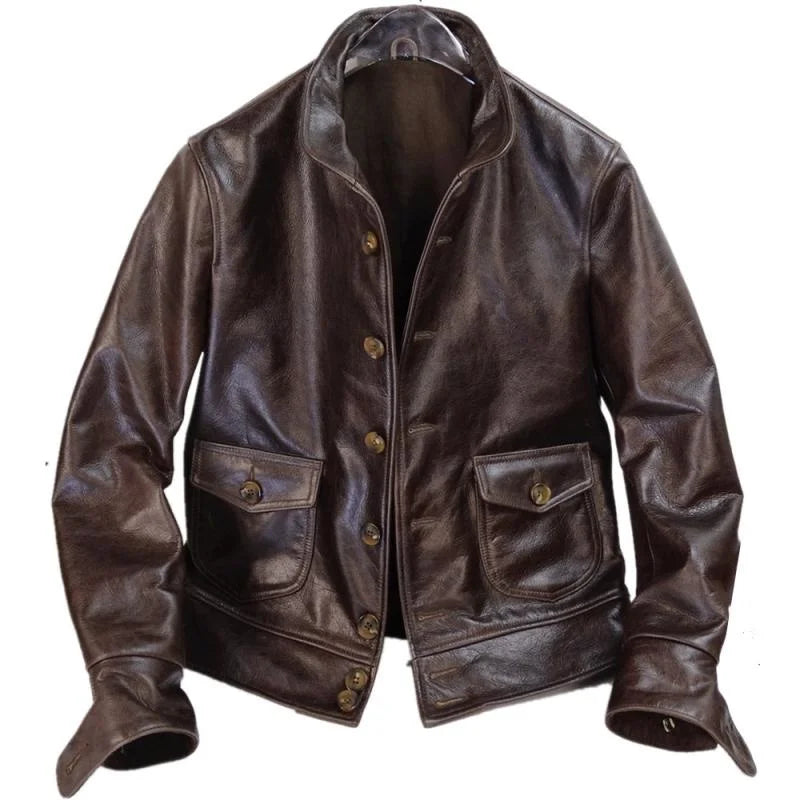 FOESCE Genuine Free shipping,Brand new leather jacket.mens Indigo vintage style Cossack jacket,classic 1920 Batik cowhide coat,sales