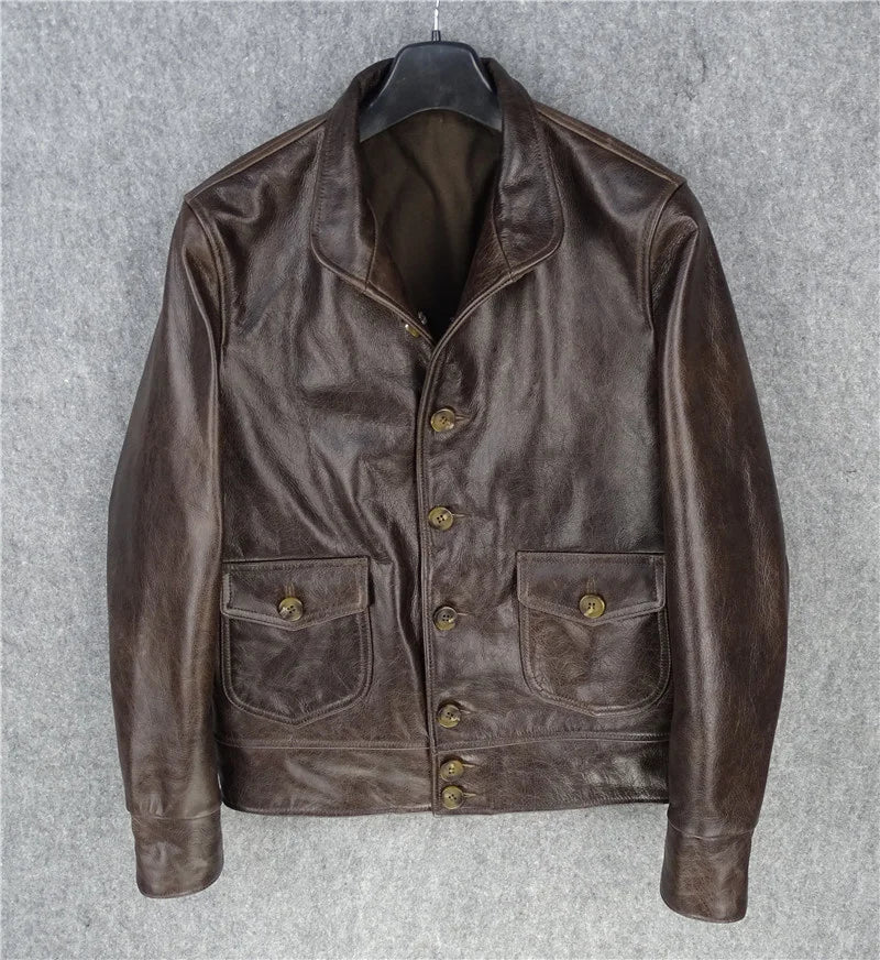 FOESCE Genuine Free shipping,Brand new leather jacket.mens Indigo vintage style Cossack jacket,classic 1920 Batik cowhide coat,sales