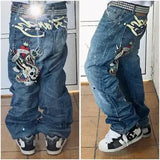 FOESCE Gothic Hip Hop Skull Embroidery Jeans for Men Casual Y2k High Waist Wide Leg Baggy Jeans Retro Straight Denim Pants Streetwear