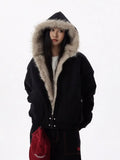 FOESCE Gothic Korean Street Trendy Girl Classic Hoodie Y2k Fun Design Zipper Leather Collar Sportswear Autumn/Winter Open Fleece Jacket