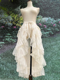 FOESCE Gothic Lolita Lace Mesh Ruffles Fairy Princess Party Skirt Women Asymmetrical Cute Curtain Sheer Cover Up Thin Long Skirt White