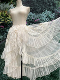 FOESCE Gothic Lolita Lace Mesh Ruffles Fairy Princess Party Skirt Women Asymmetrical Cute Curtain Sheer Cover Up Thin Long Skirt White