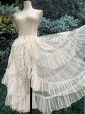 FOESCE Gothic Lolita Lace Mesh Ruffles Fairy Princess Party Skirt Women Asymmetrical Cute Curtain Sheer Cover Up Thin Long Skirt White
