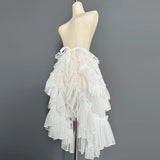 FOESCE Gothic Lolita Lace Mesh Ruffles Fairy Princess Party Skirt Women Asymmetrical Cute Curtain Sheer Cover Up Thin Long Skirt White